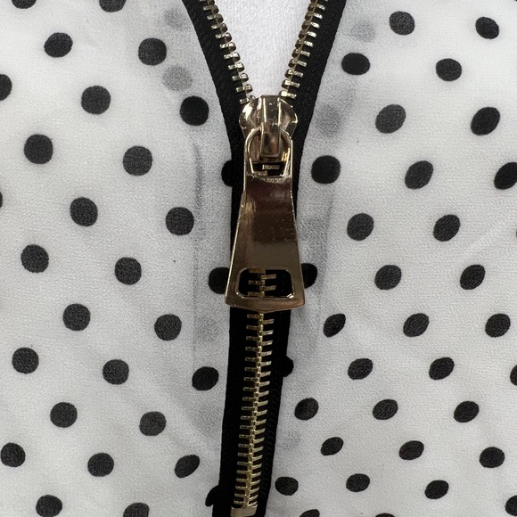 White with Black Polka dots long sleeve sheer blouse with gold zipper at front - Picture 7 of 7